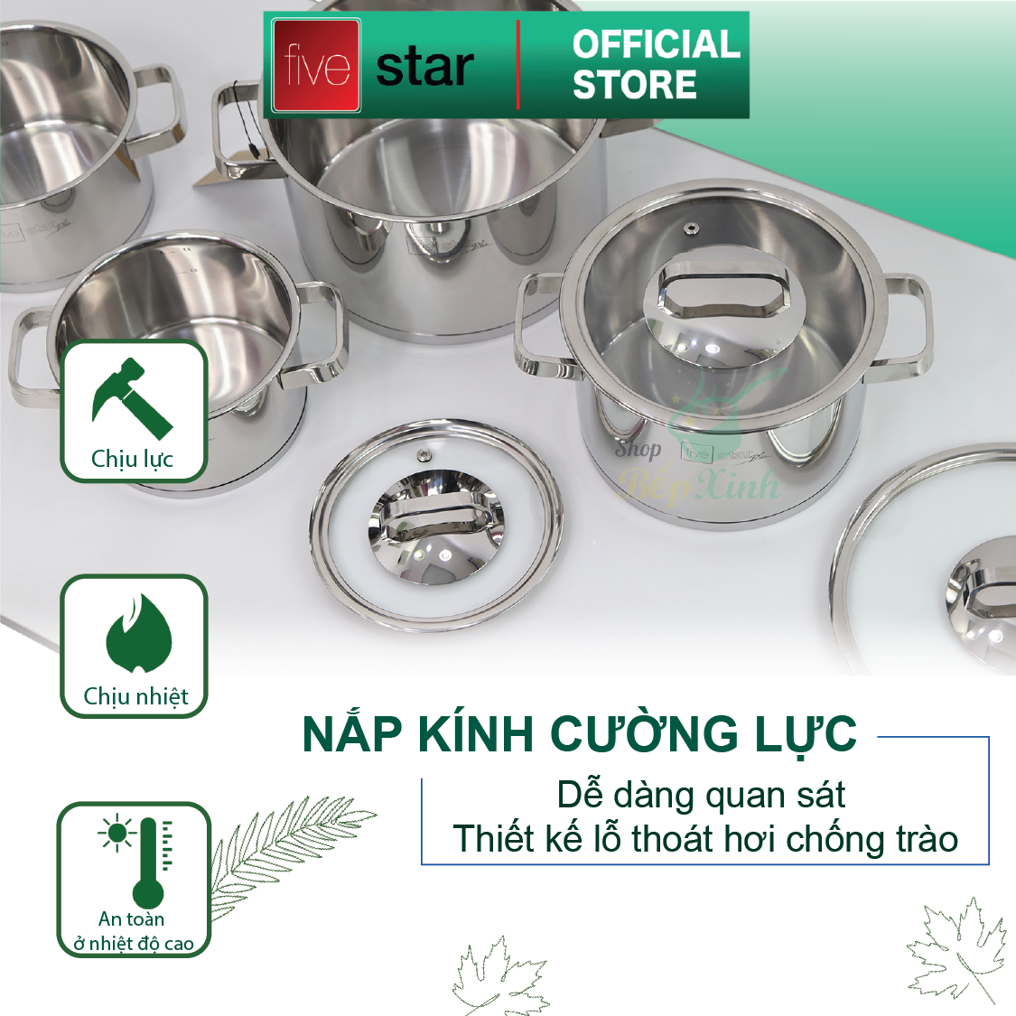 Nồi thân cao 3 đáy inox 304 Fivestar Plus bếp từ quai vuông nắp kính ( 16cm / 18cm / 20cm / 24cm )- tặng 1 vá canh