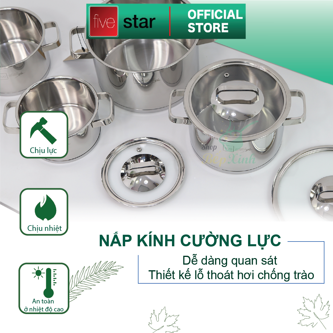 Bộ Nồi Inox 304 Fivestar Plush 3 đáy từ 4 Món Nắp Kính