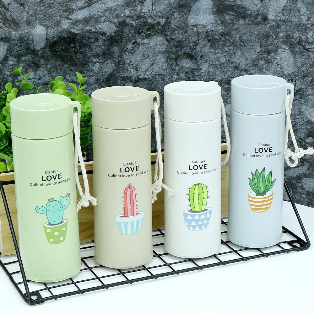 Bình Đựng Nước Thủy Tinh Xương Rồng 2 Lớp Dung Tích 450ml, Nhiều Màu Sắc