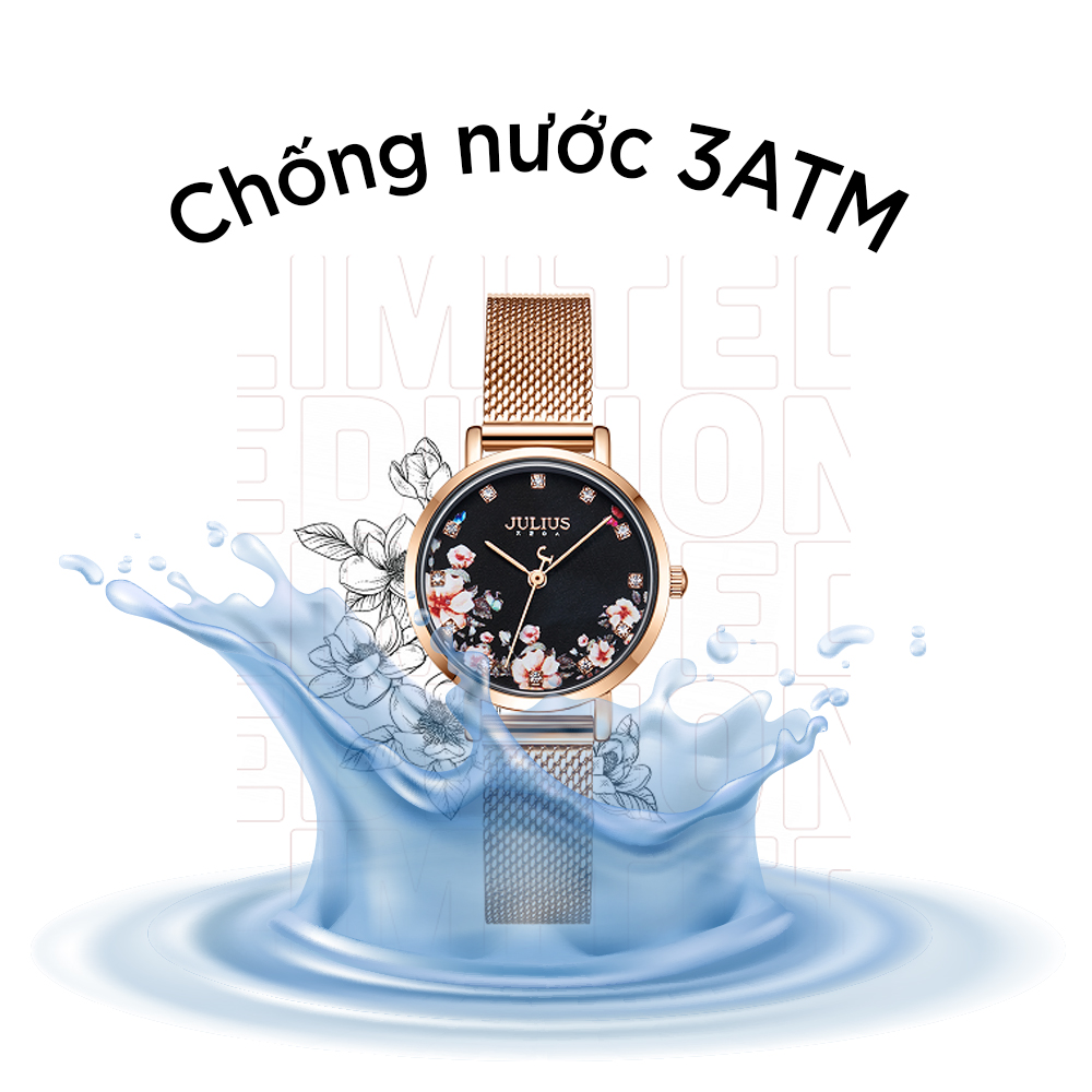 Đồng Hồ Nữ Julius Hàn Quốc JA1164G Mặt In Hoa Dây Thép Màu Đồng