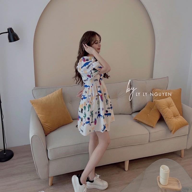 Đầm Babydoll Nữ Tay Bồng Cổ Vuông Họa Tiết Zoo Mùa Hè Váy Nữ Ngắn Tay Dáng Xòe Công Chúa Đáng Yêu