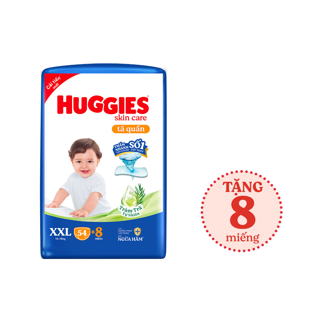 Tã/bỉm quần Huggies Skin Care Super Jumbo XXL54+8 miếng với tràm trà dịu da