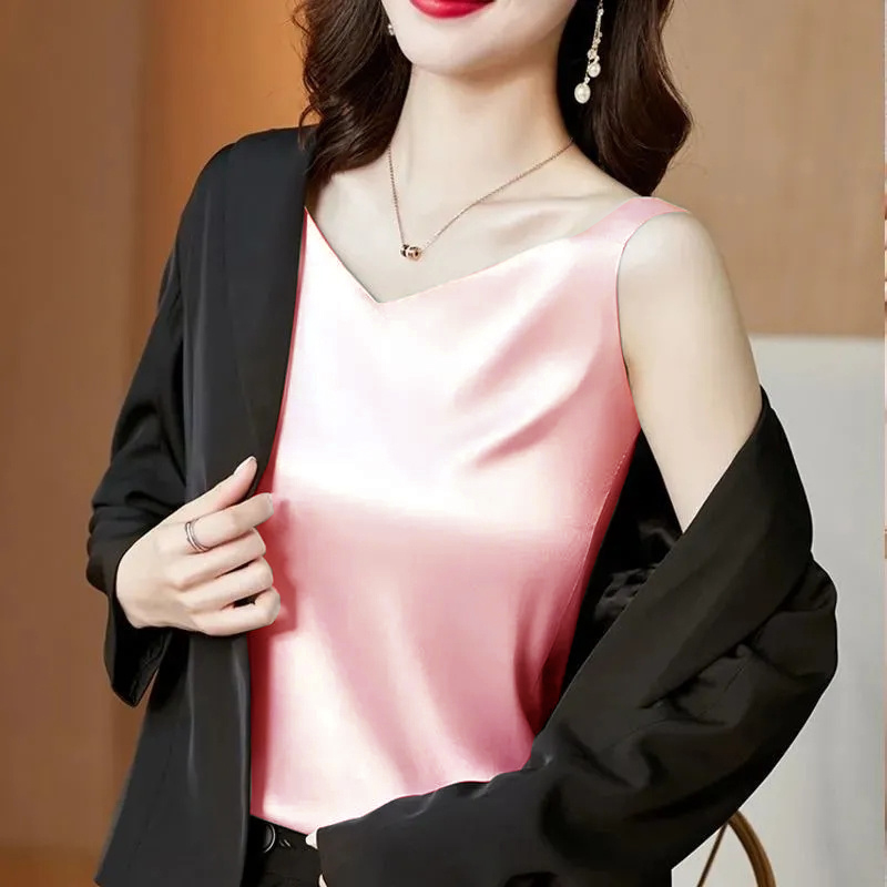 Áo Hai Dây Cổ Tim Mặc Trong Vest blazer kiểu nữ freesize (40-65kg) Vải Lụa Satin Mịn ,Thoáng Mát New  Design AO0003