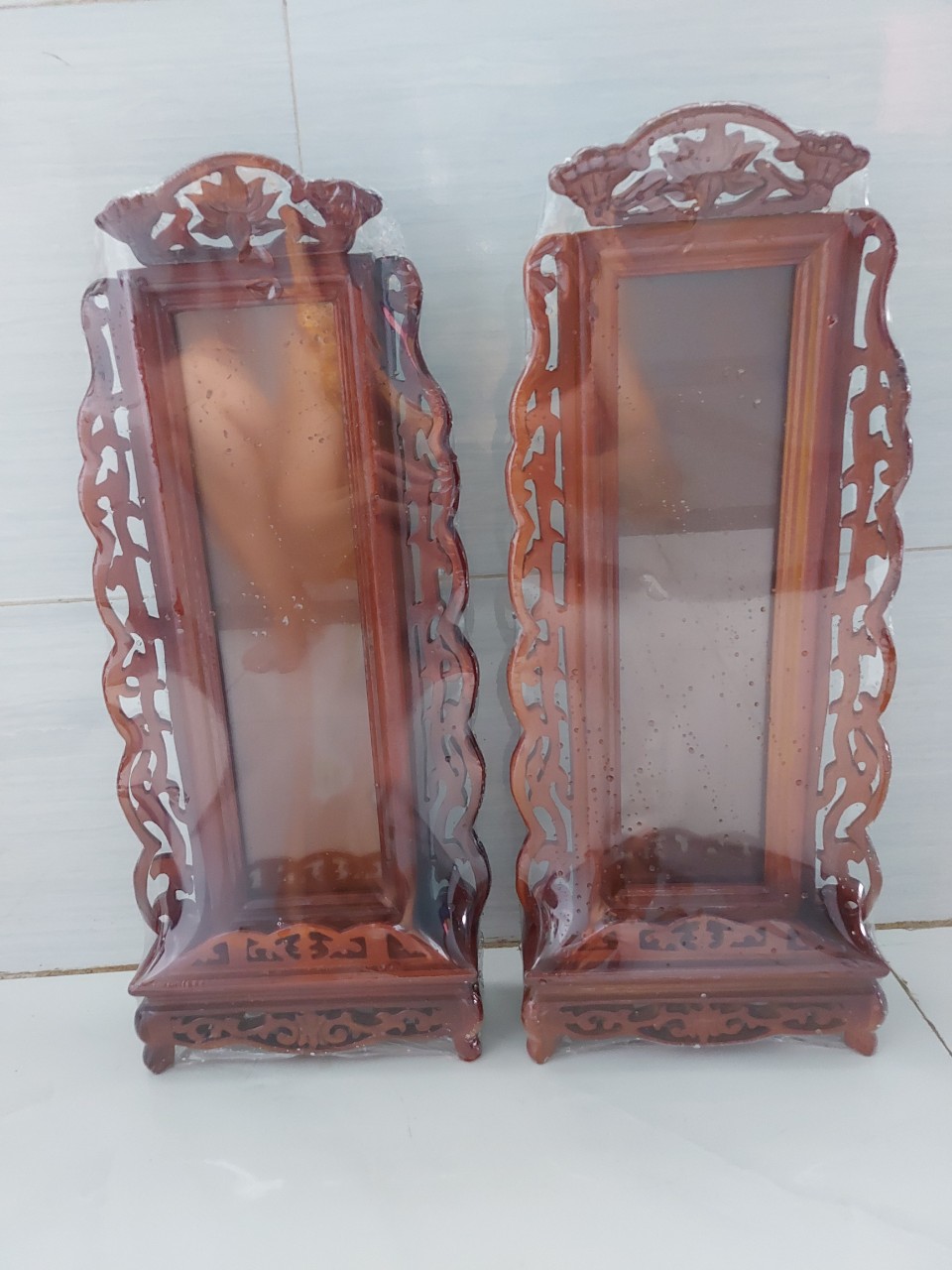 Bài vị thờ gia tiên gỗ chạm khắc ép kính viền hoa cao cấp cao 40cm - 48cm