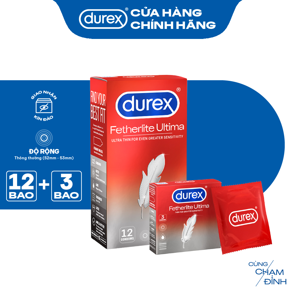 Bộ bao cao su Durex Fetherlite Ultima siêu mỏng, size 52 mm, 1 hộp 12 bao và 1 hộp 3 bao