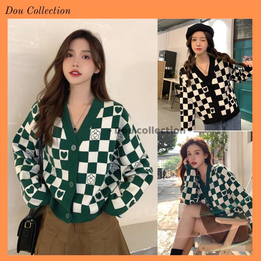 Áo Khoác Cardigan Form Rộng Cổ V Họa Tiết Caro, Áo Khoác Len Dệt Kim Thời Trang Thu Đông - Dou Collection - Mã TA035