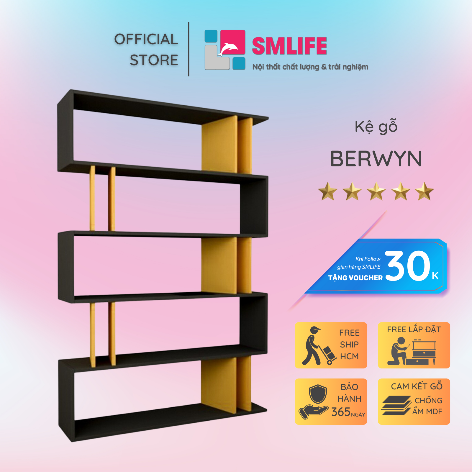 Giá sách gia đình từ gỗ thiết kế đẹp SMLIFE Berwyn