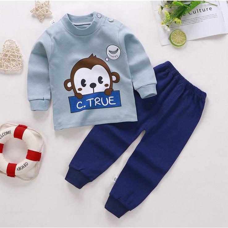 Quần áo thu đông bé trai Đồ ngủ cho bé trai Bộ quần áo thun dài tay cotton màu xanh 7 - 27kg - Me Yeu Con 1102