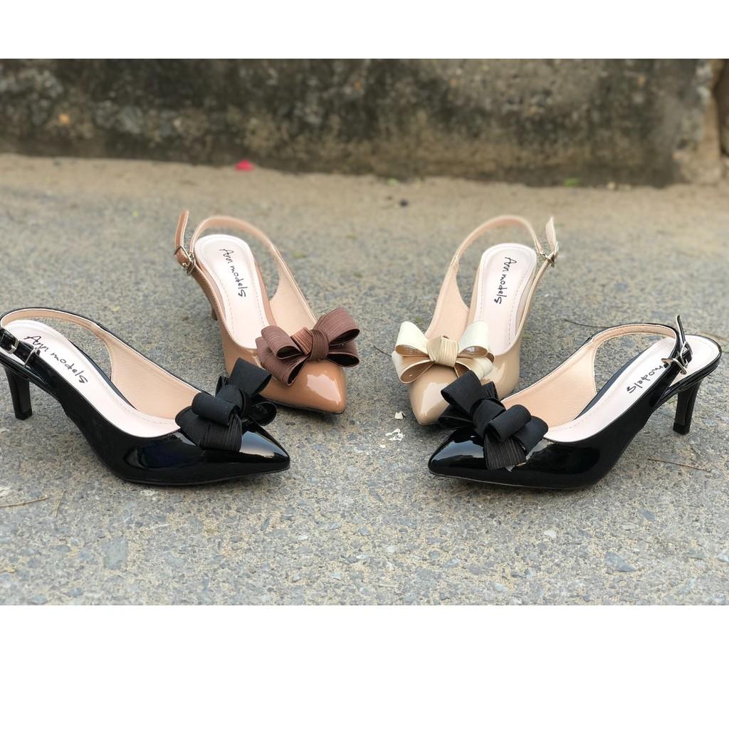Giày cao gót Anna thời trang mũi nhọn phối dây hở gót nơ bồng cao 5cm-A26KH