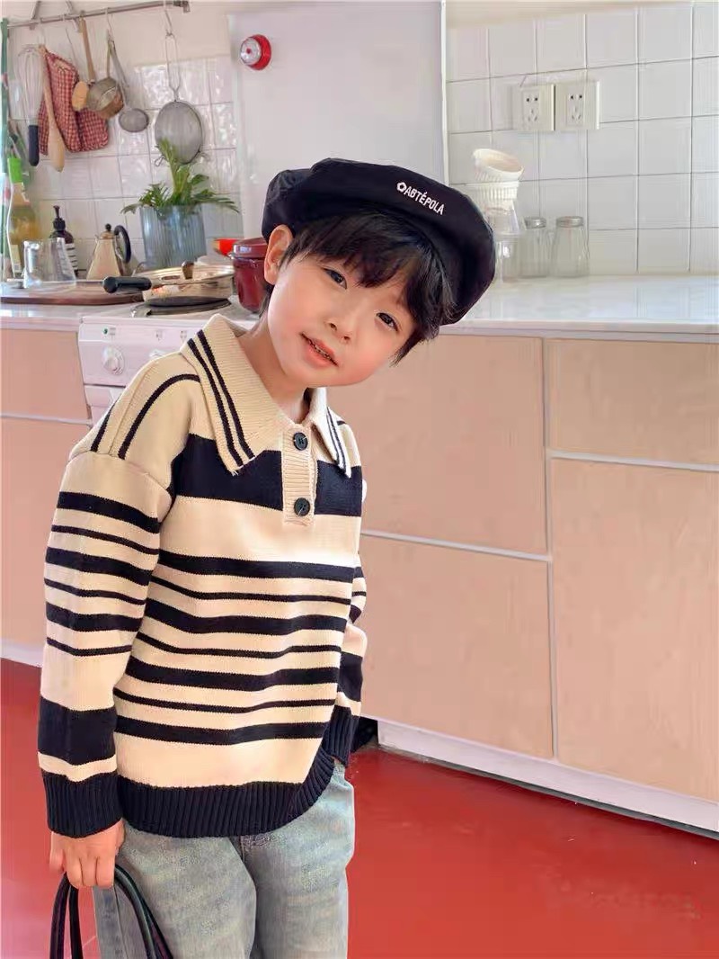 Áo len bé trai xuất hàn cổ đức 3-9 tuổi phối kẻ ngang chất liệu vải cao cấp không bai xù