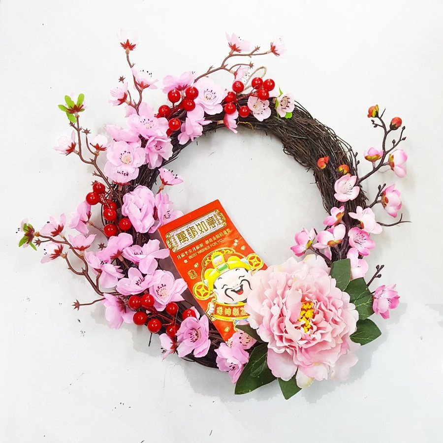 1 vòng hoa đào trang trí tết đẹp - Wreath for Tet pktet62