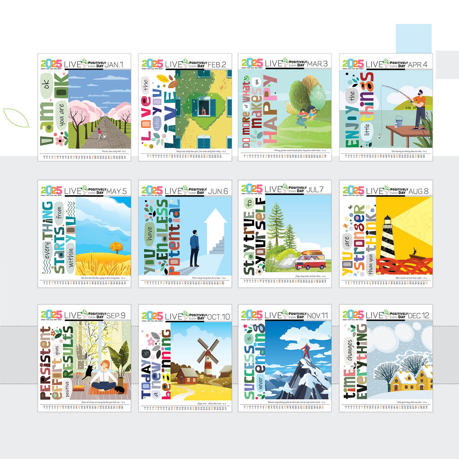 Lịch 2025 Lịch Bàn Đứng - Sống Tích Cực Mỗi Ngày - VLLB09 - Lịch Văn Lang - Xanh