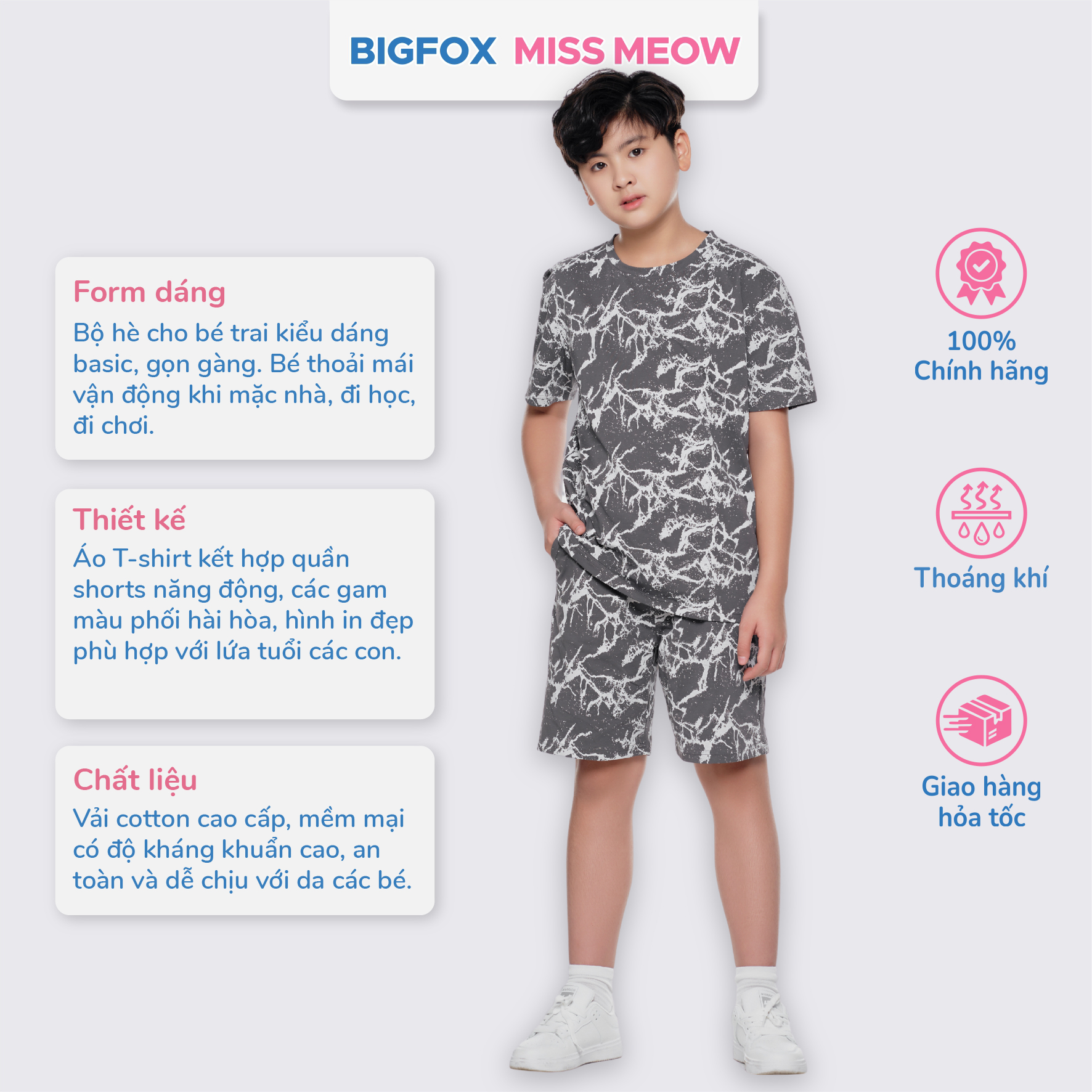 Bộ cộc tay bé trai Bigfox Miss Meow size đại chất cotton cỡ 12,13,14,15 tuổi 40kg 50kg