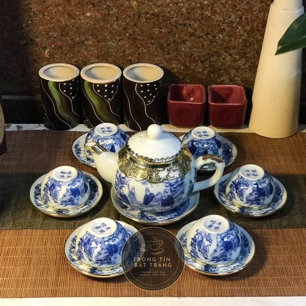 Bộ Ấm Chén Trà Đạo Gốm Trắng Men Lam Bát Tràng Trúc Lâm Thất Hiền Dáng Thủy Bình Dung Tích 300ml ATA 11