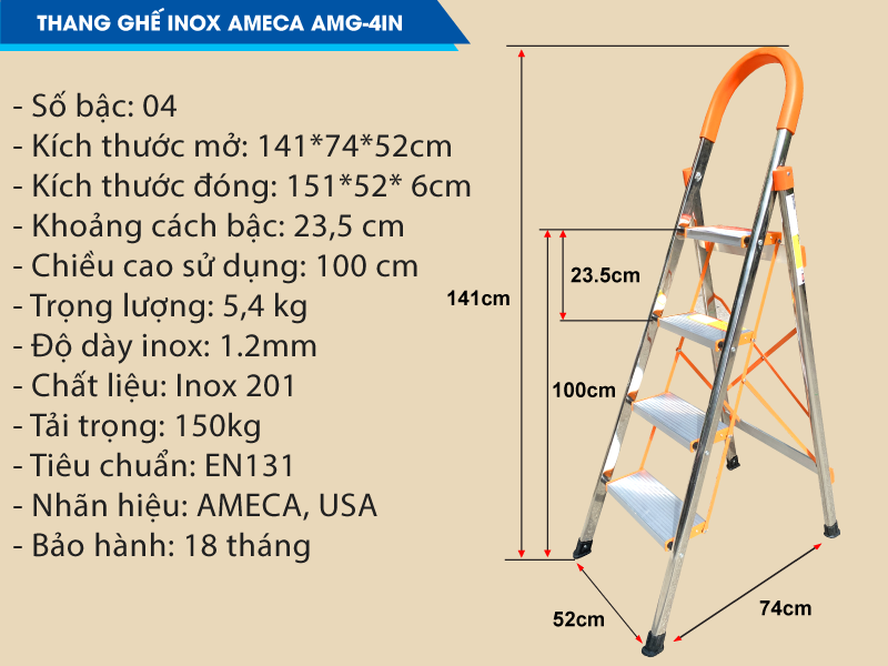 Thang Ghế Chữ A Gấp Gọn 4 bậc Ameca - Thang gia đình, thang thắp hương - Chiều cao 100 cm - Bảo hành 18 tháng