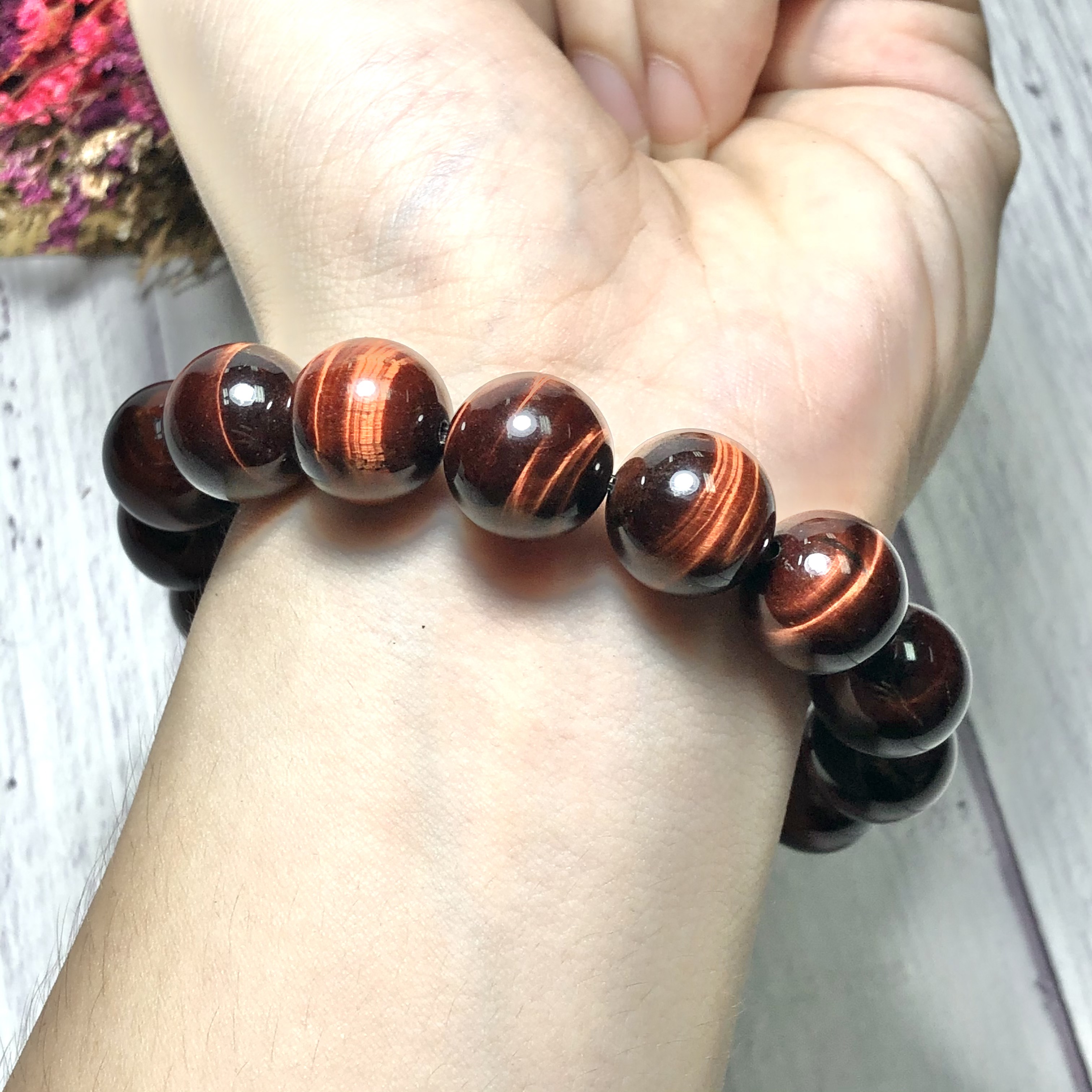 Vòng tay Thạch Anh Mắt Hổ nâu đỏ 14mm mix tỳ hưu bạc