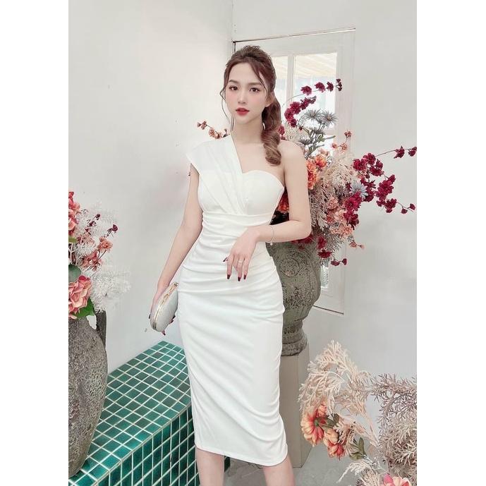 Đầm body nữ lệch vai xếp ly eo sang chảnh với 4 màu sắc thích hợp cho nàng dạ tiệc