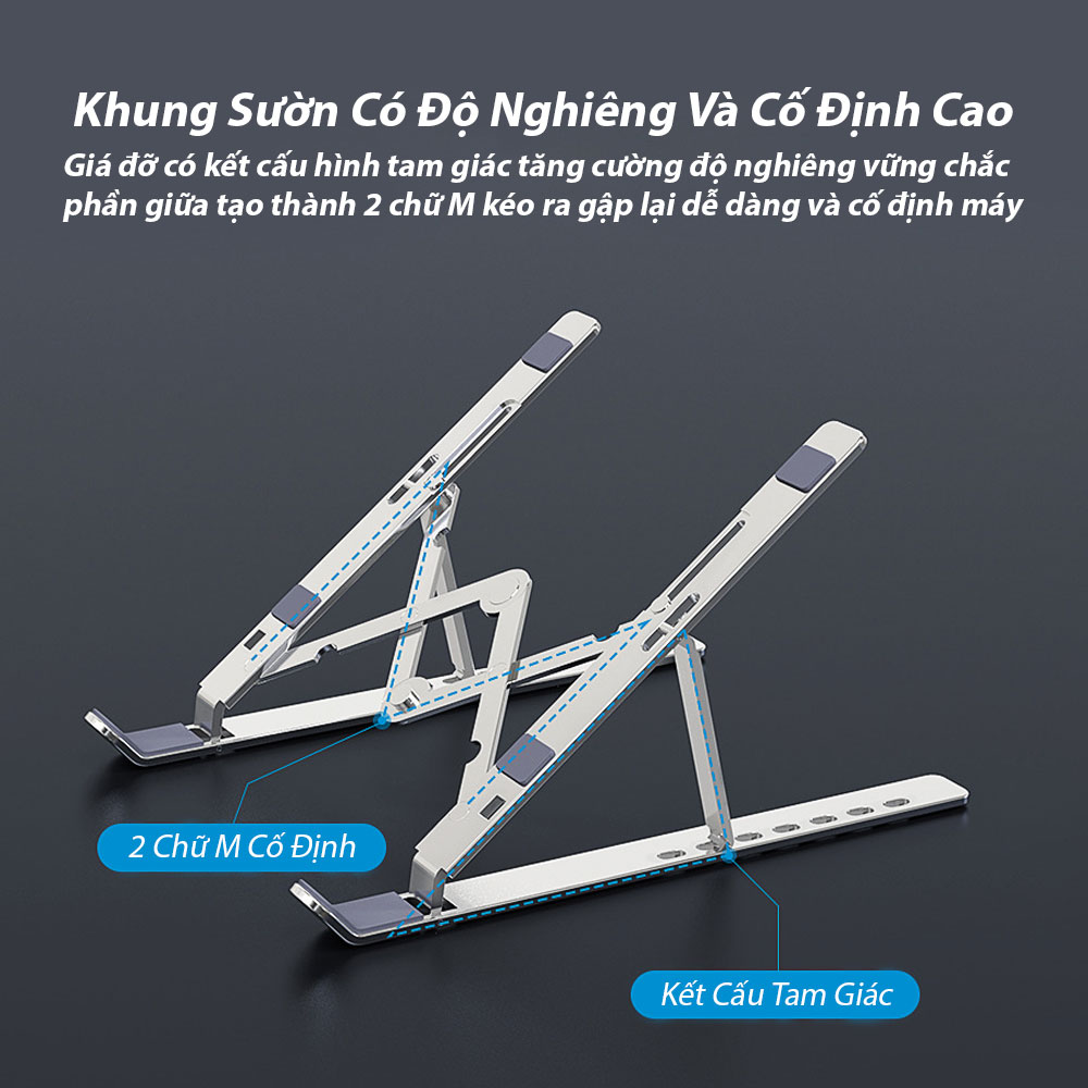 Giá Đỡ Laptop Nhôm Gấp Gọn, Laptop Stand Dùng Cho Máy Từ 11~17 inch, Có Thể Điều Chỉnh Nhiều Mức Độ Cao, Chất Liệu Hợp Kim Nhôm Cao Cấp