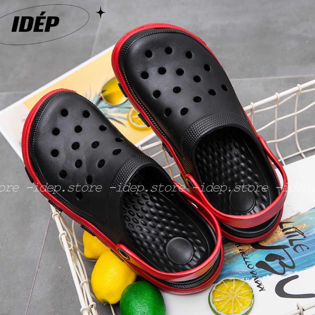 Dép Cross cá sấu màu ĐEN ĐỎ unisex- Giày sục bít mũi Nam Nữ duet HQ đi mưa siêu nhẹ- SL013