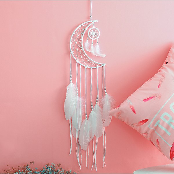 Dream Catcher Mặt Trăng Lớn Phối Lông Vũ Tua Rua Dài