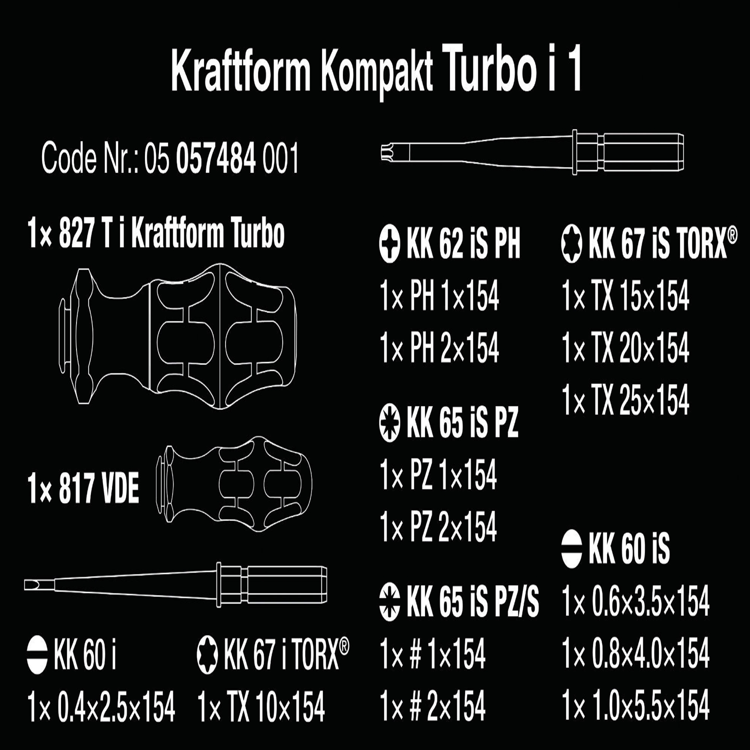 Bộ tua vít cách điện Wera 05057484001 Kraftform Kompakt Turbo i 1 với cán vít cách điện Turbo 1 vòng thành 4 vòng gồm 16 chi tiết