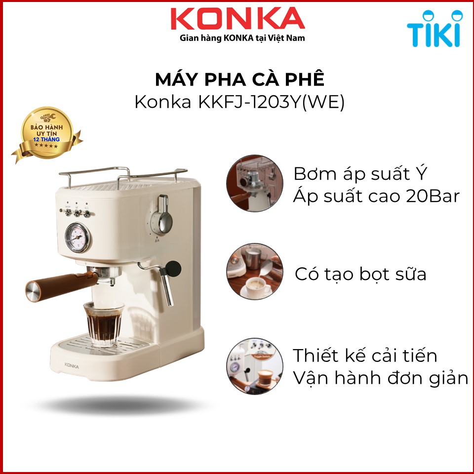 Máy pha cà phê espresso Konka KKFJ-1203Y(WE), thiết kế mới cải tiến, pha cà phê bột, cà phê viên nang, đánh bọt sữa - Hàng nhập khẩu