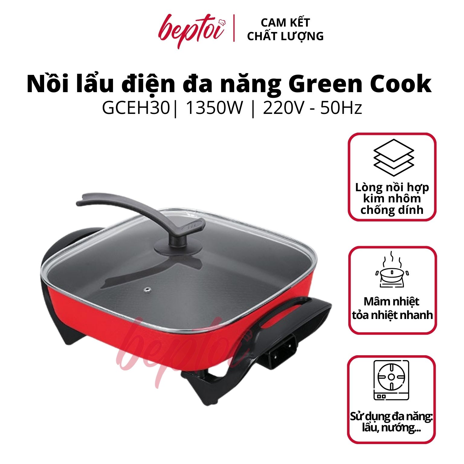 Nồi lẩu nướng điện, bếp nướng đa năng tiện lợi 5 Lít Green Cook GCEH30 - Hàng chính hãng