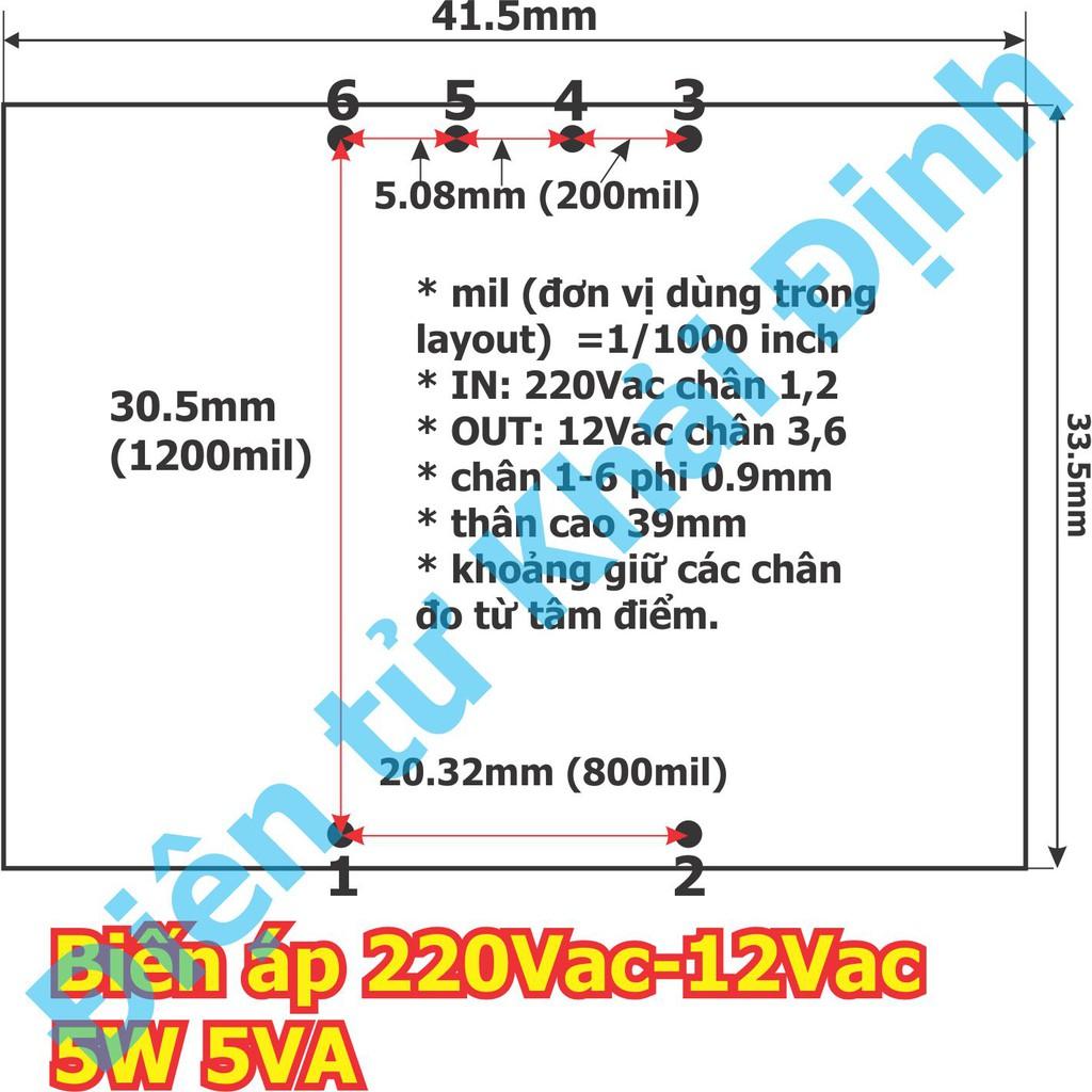 Biến áp cách ly, biến áp thường, biến áp hàn mạch, on board IN: 220Vac OUT: 6V / 12V 5W 5VA kde5460