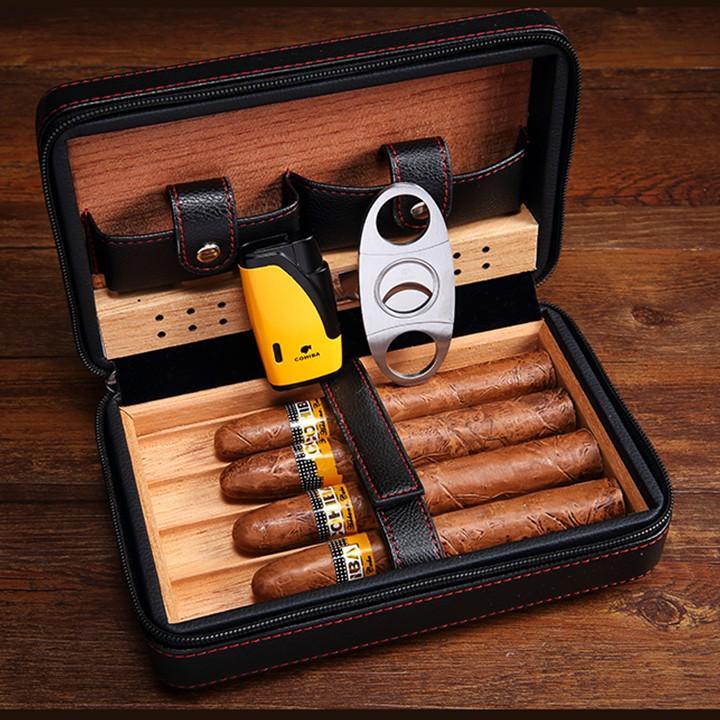 Hộp đựng xì gà mini 4 điếu bằng da cao cấp - Bao da, túi đựng và bảo quản giữ ẩm cigar làm quà biếu tặng bố, tặng sếp