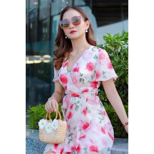 Váy thiết kế cổ V hoa hồng - 22CHIC