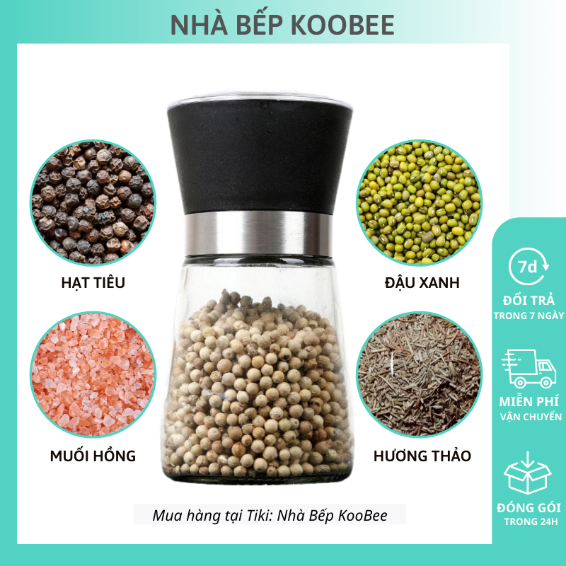 Cối xay tiêu thủy tinh cầm tay cao cấp KooBee - Lọ xay hạt tiêu đen, tiêu sọ, muối hồng, ớt khô đa năng tiện dụng