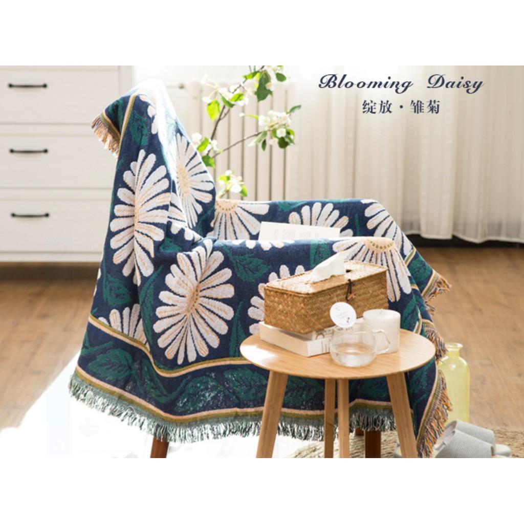 Thảm Sofa, Thảm Trang Trí Thổ Cẩm hoa cúc xanh vintage