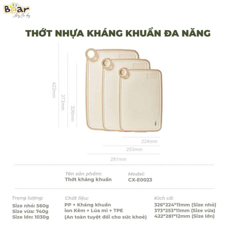 Thớt nhựa kháng khuẩn đa năng Bear CX-E0023 size S. Hàng chính hãng