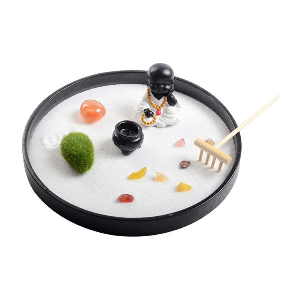 Round Mini Zen Garden w/Figurines Wooden Desktop Meditation Sandbox Dia 82"