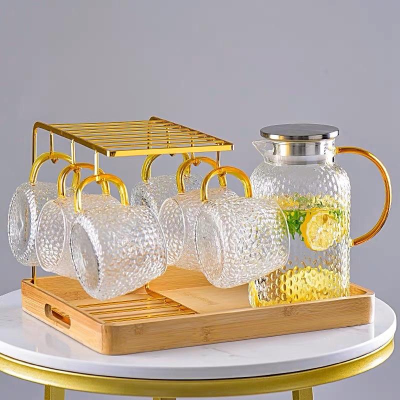 BỘ BÌNH 6 CỐC THUỶ TINH VÂN HẠT GẠO KÈM GIÁ TREO VÀ KHAY GỖ CAO CẤP