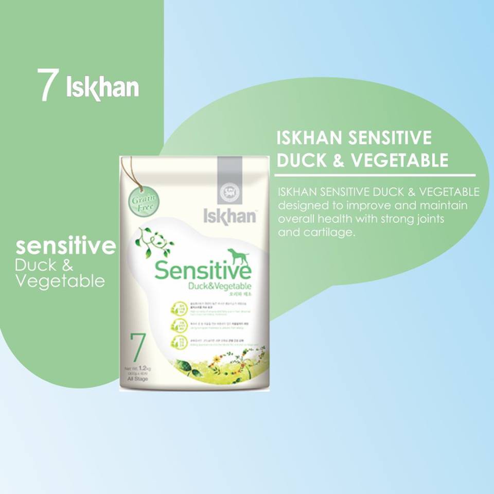 Thức ăn hạt Hàn Quốc dưỡng da lông và ngăn ngừa dị ứng cho chó Iskhan Sensitive Duck &amp; Vegetable 1.2kg