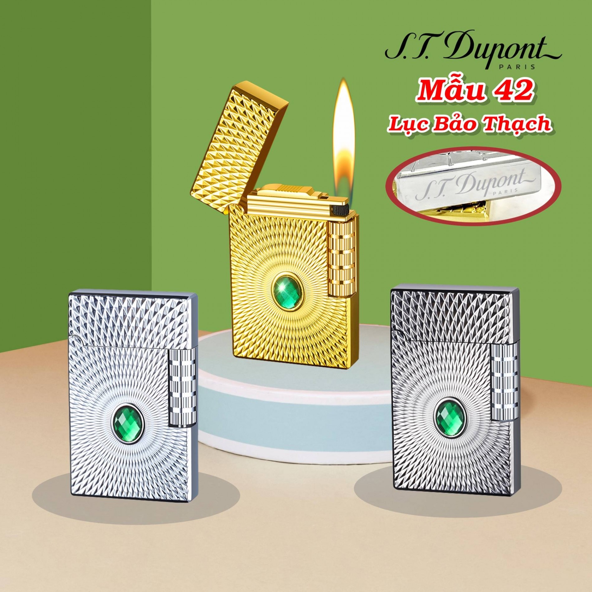 Bật lửa hột quẹt Dupont lốc xoáy cẩn ngọc Lục Bảo Thach M42 - xài gas