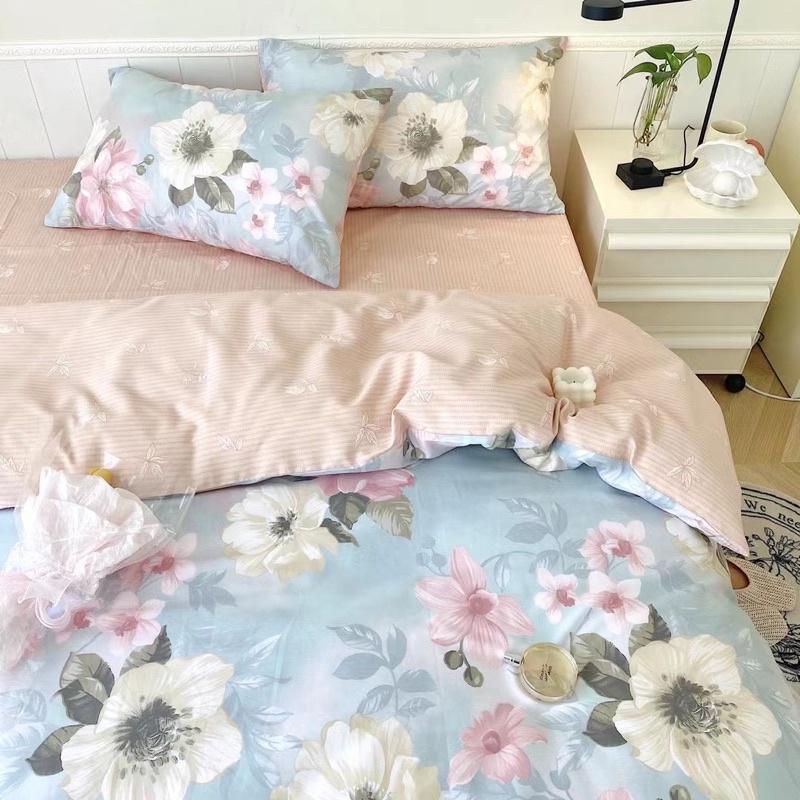 Bộ Chăn Ga Gối Cotton Living 100%cotton Hàng Nhập Khẩu Cao Cấp 4 Món Hoa Nâu