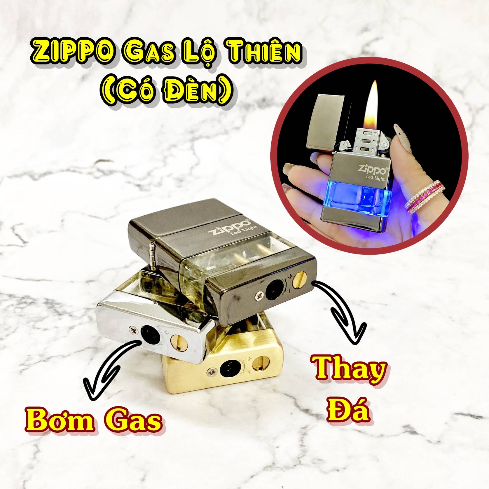 Hộp quẹt bật lửa zipo gas lộ thiên (có đèn) - (xài gas)