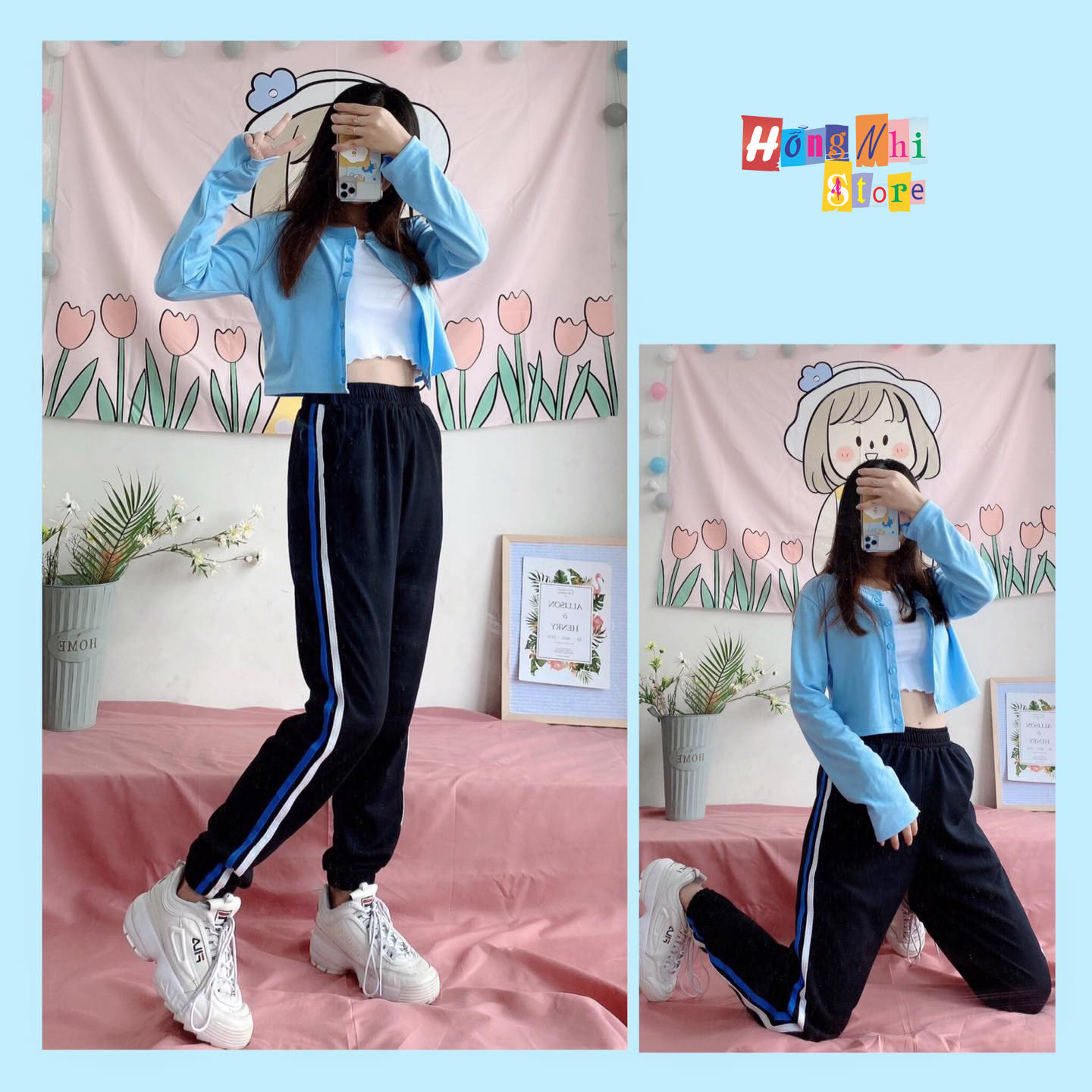 Quần Jogger Line Unisex Lưng Thun 2 Sọc Bo Lai Dáng Rộng Màu Đen Line Xanh - MM