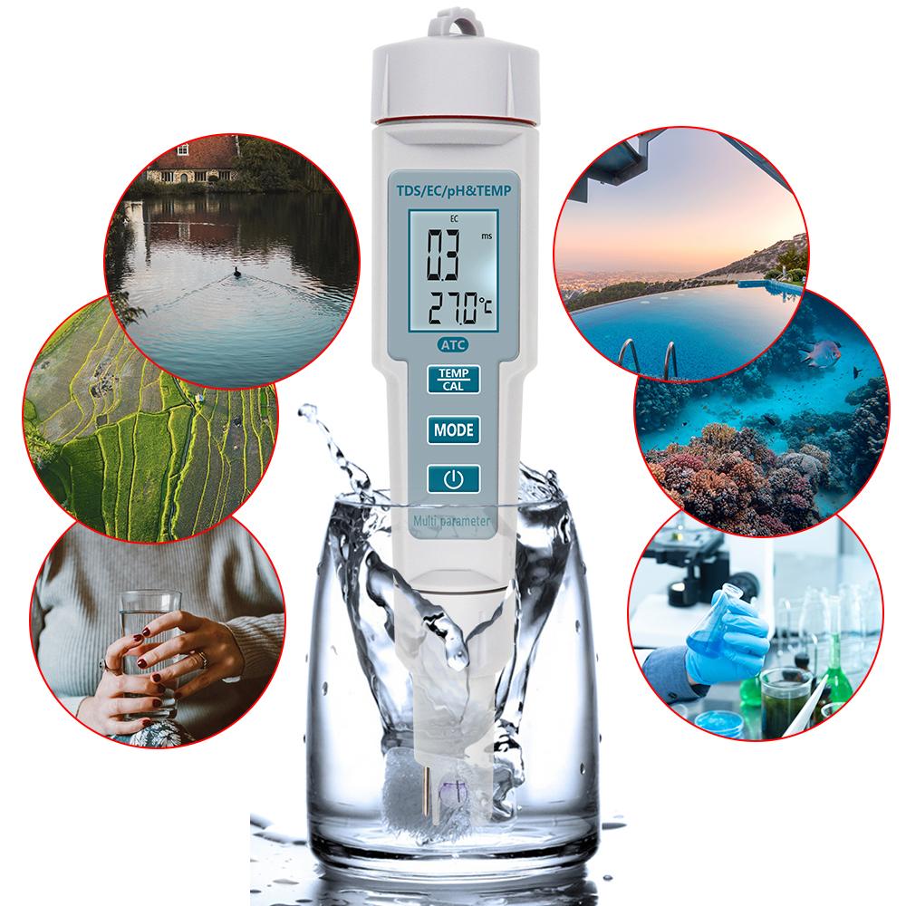 4 in 1 PH/EC/TDS/Temp Meter Water Quality Test Meter High Accuracy Measurement Range LCD Display Measure Tool for