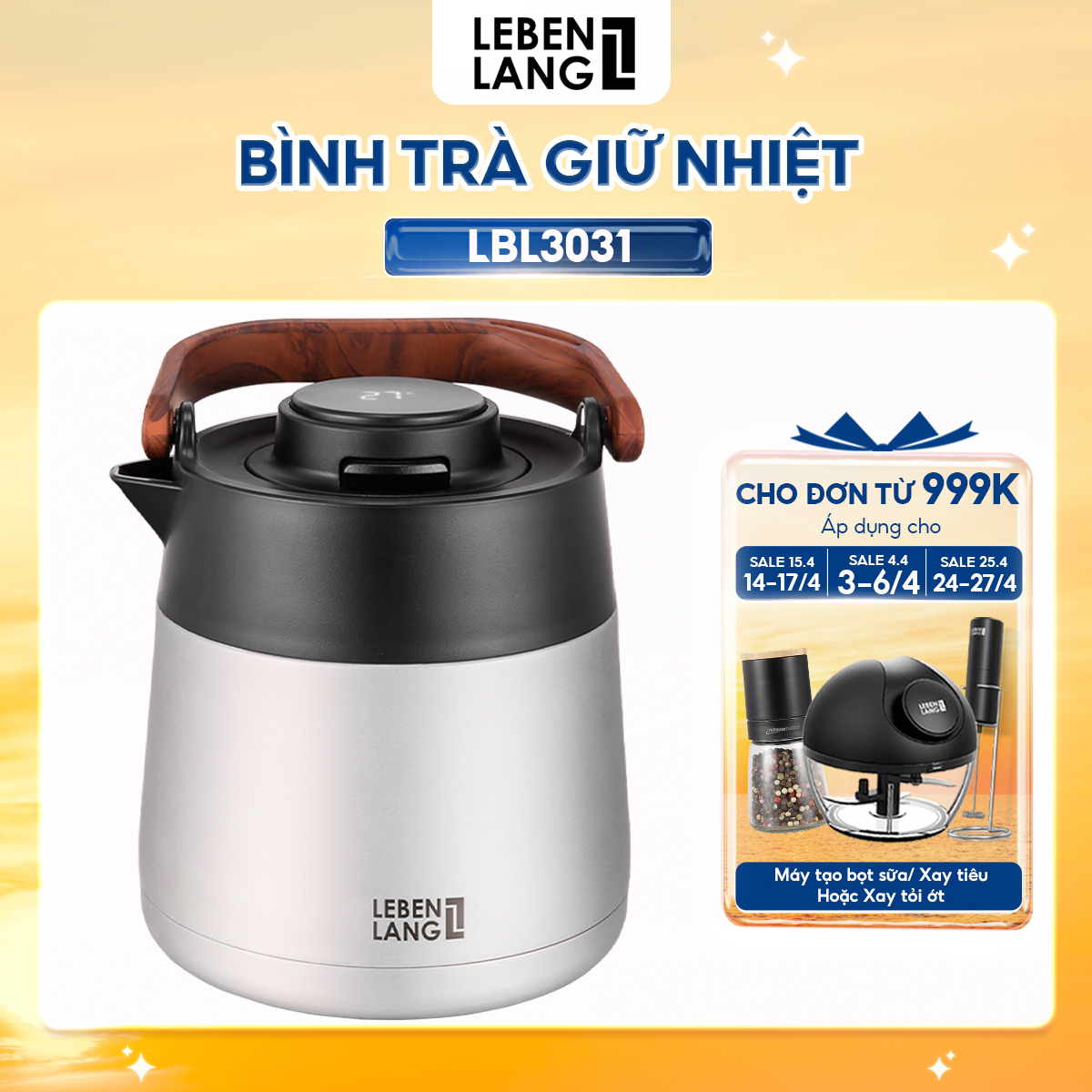 Bình pha trà giữ nhiệt inox có lõi lọc trà Lebenlang LBL3031 và LBL3035, 1L và 1L5 - hàng chính hãng