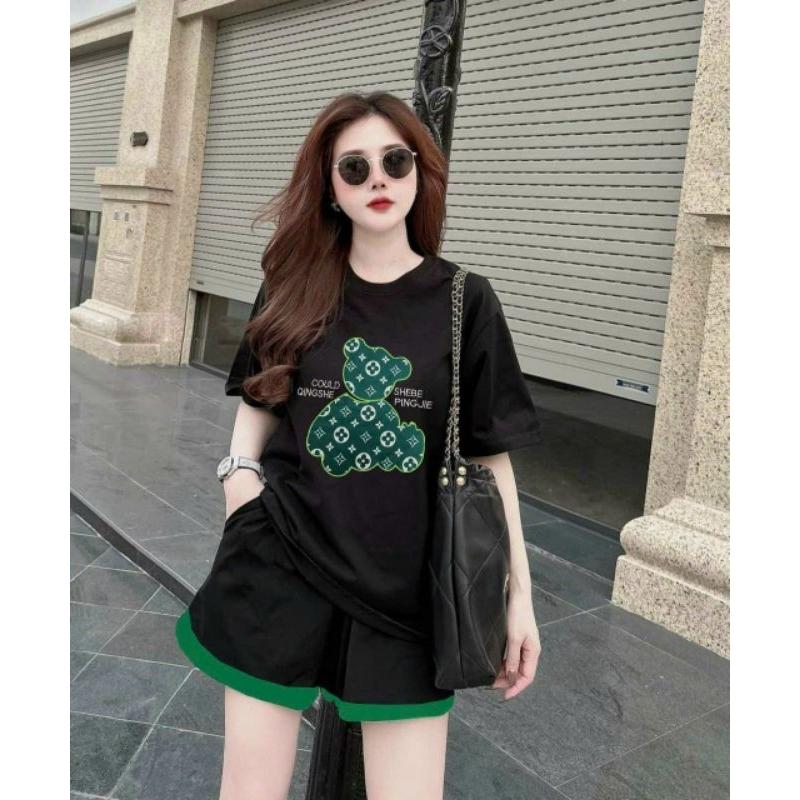 Bộ đồ nữ quần đùi ngắn áo thun cotton 100% form rộng thêu hình gấu, bộ đồ thể thao đi chơi, bộ đồ mặc ở nhà siêu xinh