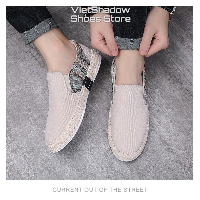 Slip on - Giày lười vải nam - Chất liệu nhung tăm phối vải họa tiết thổ cẩm, bo viền cói - Mã SP E015/E016