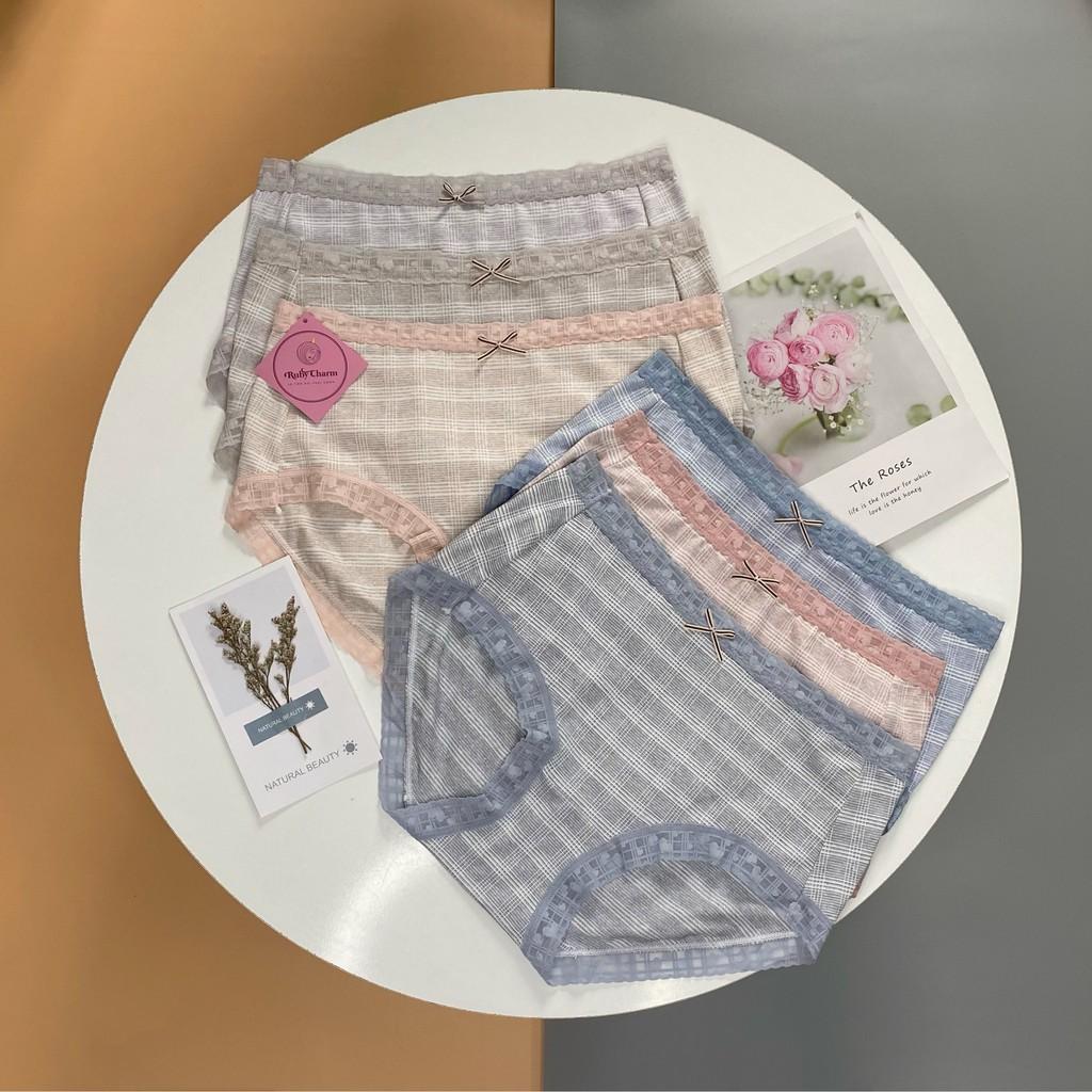 Quần lót cotton co giãn viền ren kẻ ngang đính nơ mềm mịn thoáng mát