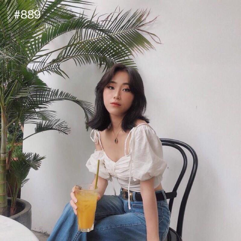 Áo croptop nhún cột nơ vai có 3 màu