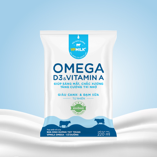 Sữa Dinh Dưỡng Tiệt Trùng VPMilk Omega Có Đường Bịch 220ml (Thùng 48 bịch)