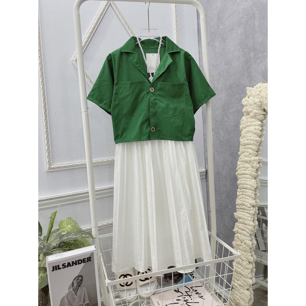 Set Áo Cổ Vest Croptop Túi Hộp Mix Chân Váy Xếp Li Trắng Dài