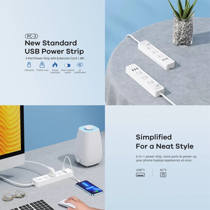 Ổ cắm điện Remax Power Strip PC-3 chui dẹp tích hợp 3 cổng sạc USB - HÀNG CHÍNH HÃNG