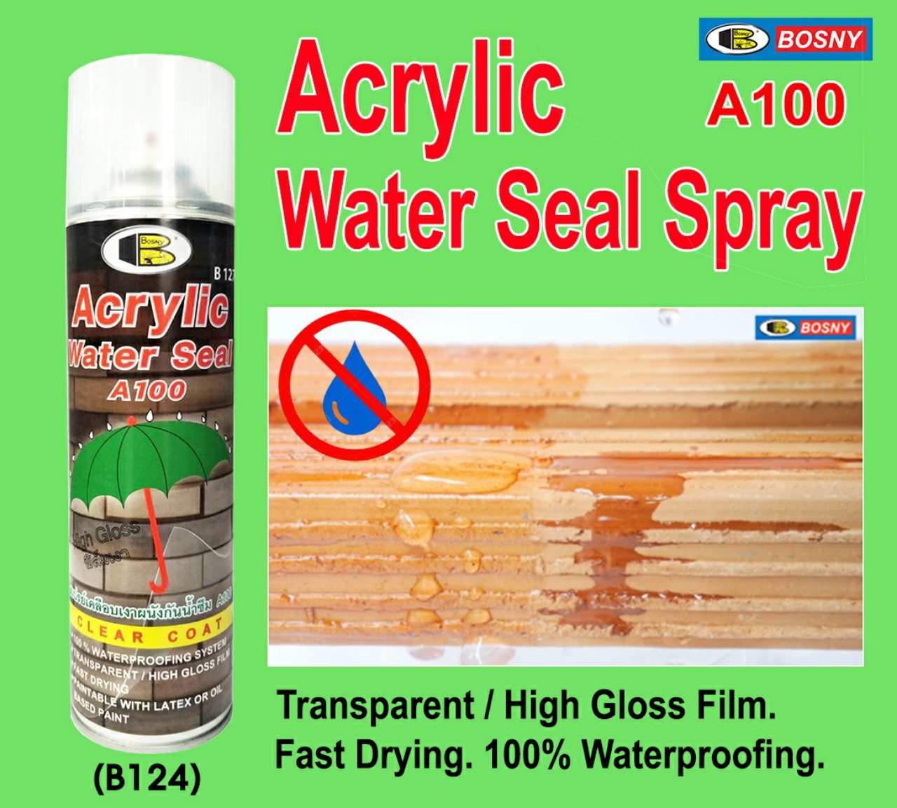 Sơn xịt Acrylic Water Seal trong suốt chống thấm tạo bóng gỗ, thạch cao, gốm, đá, tường 500ml. Tặng kèm dụng cụ hỗ trợ xịt sơn